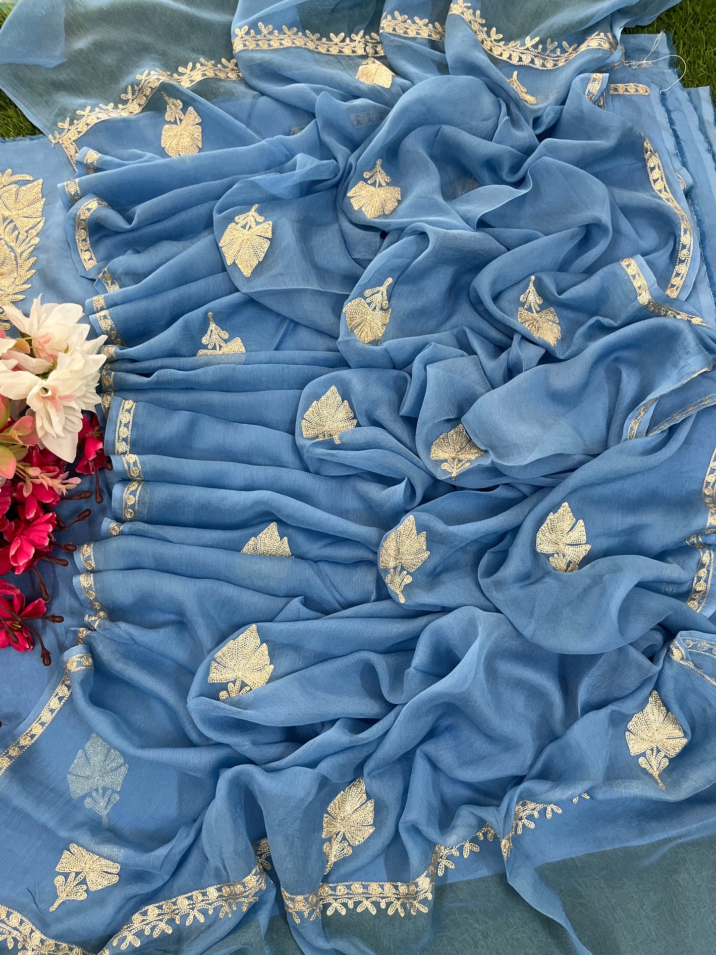 Soft Blue Silk Tilla Kashmiri Suit
