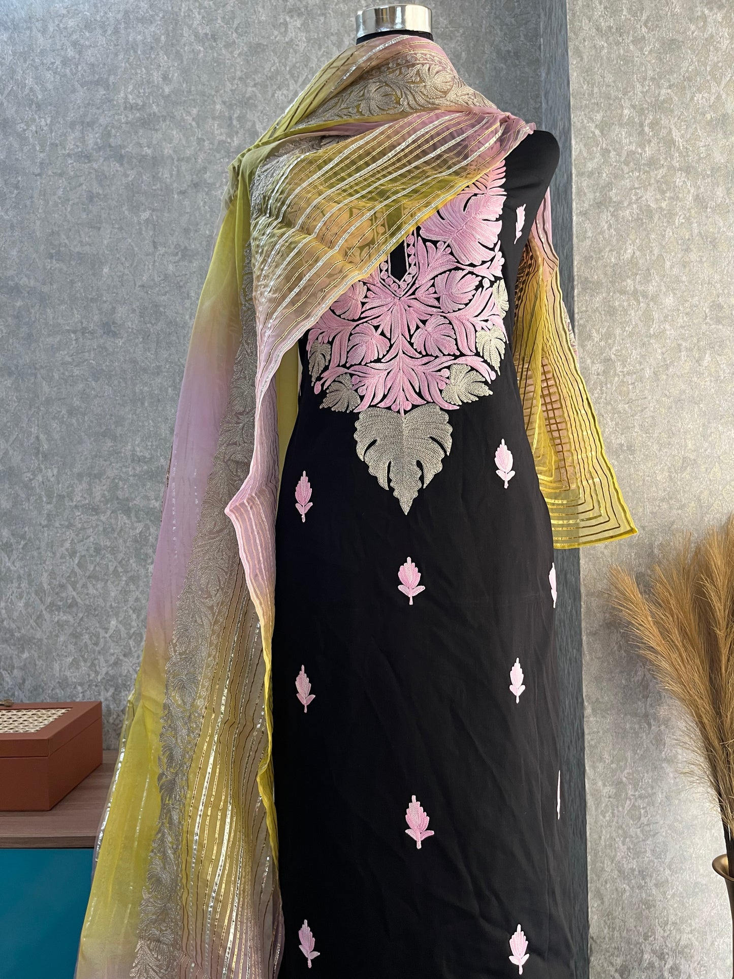 Black Satin Cotton Kashmiri Suit