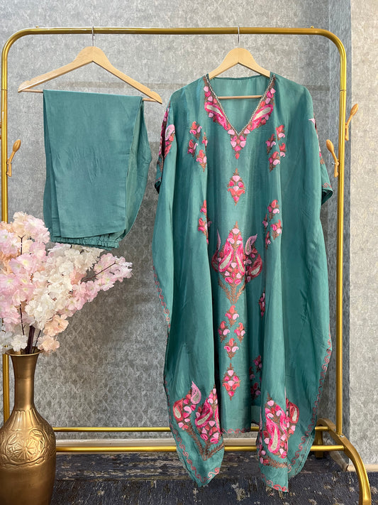 Soft Green Opada Silk Kashmiri Kaftan Set