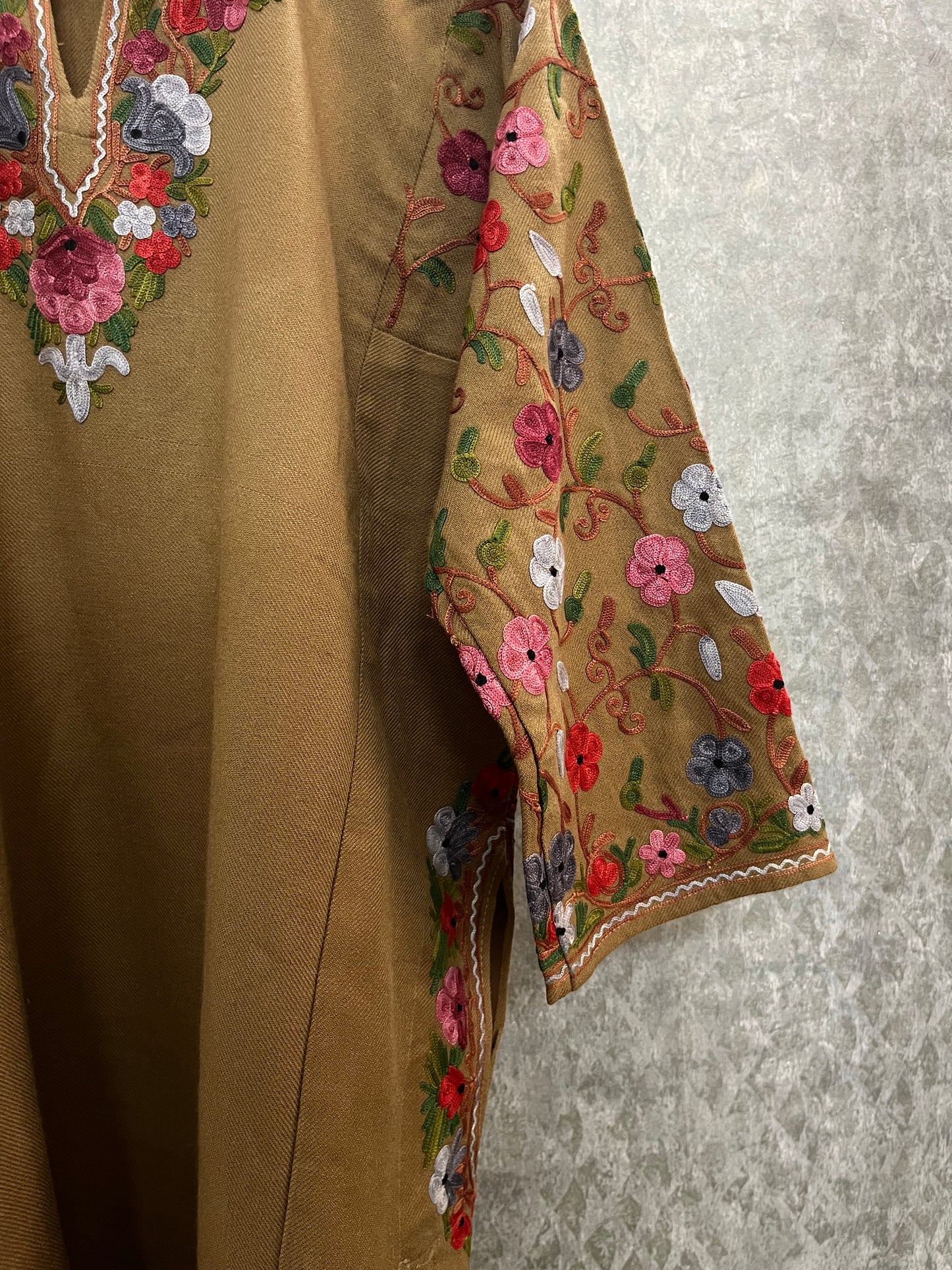 Beige Aari Embroidered Wool Pheran