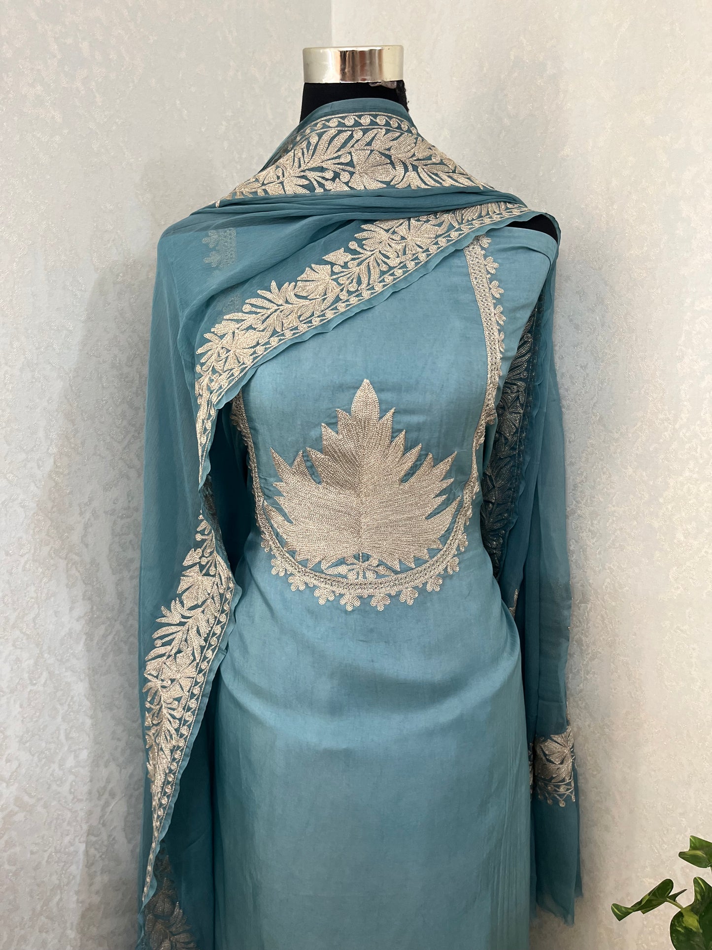 Powder Blue Sanam’ Tilla Kashmiri Silk Suit