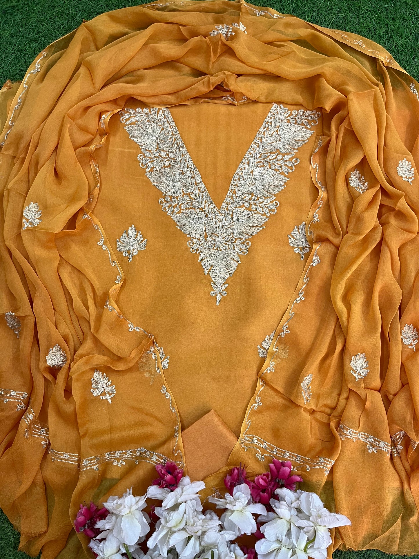 Sanam’ Soft Orange Silk Tilla Kashmiri Suit