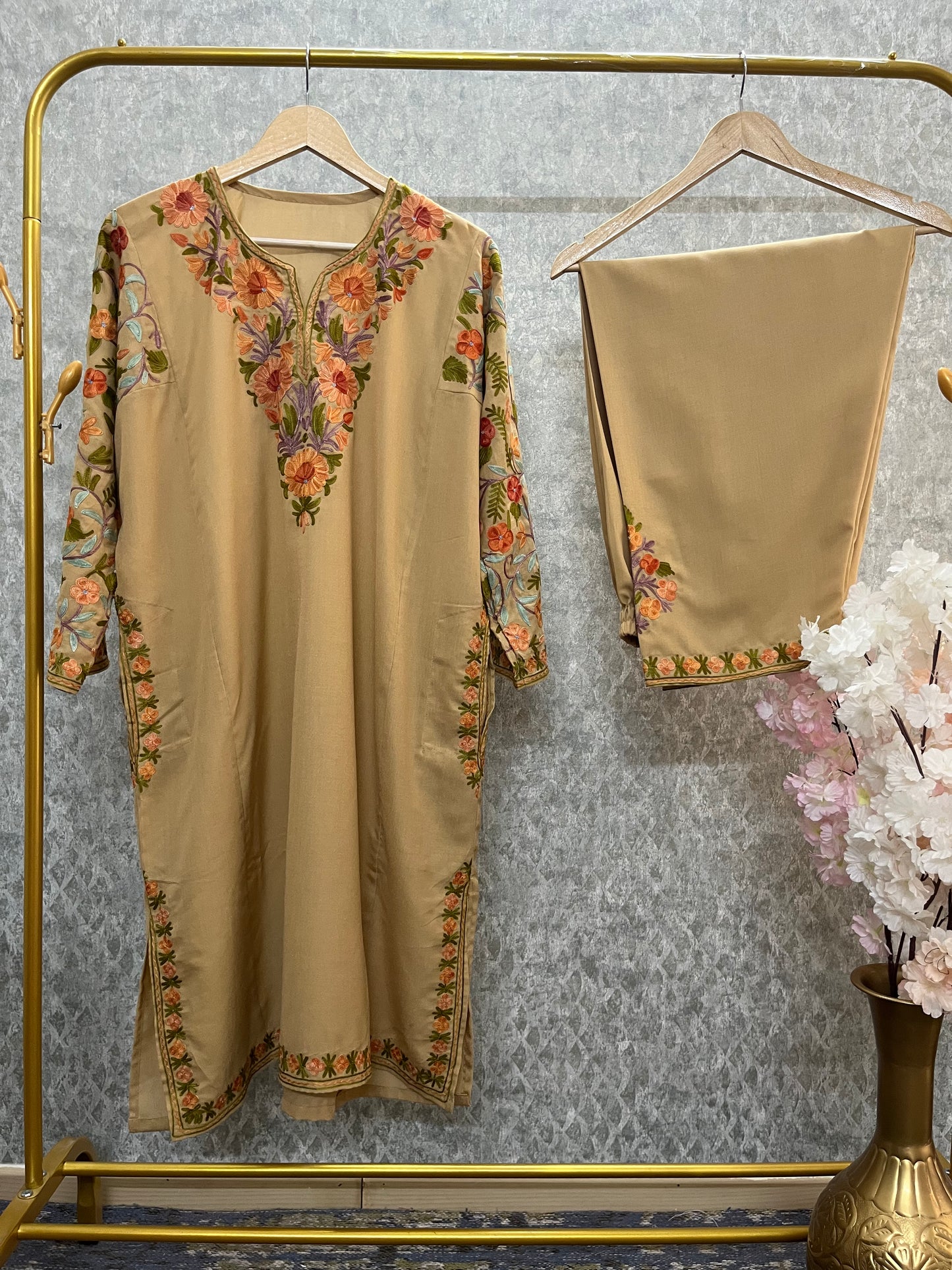 Beige Cotton Arm Jaal Pheran Set
