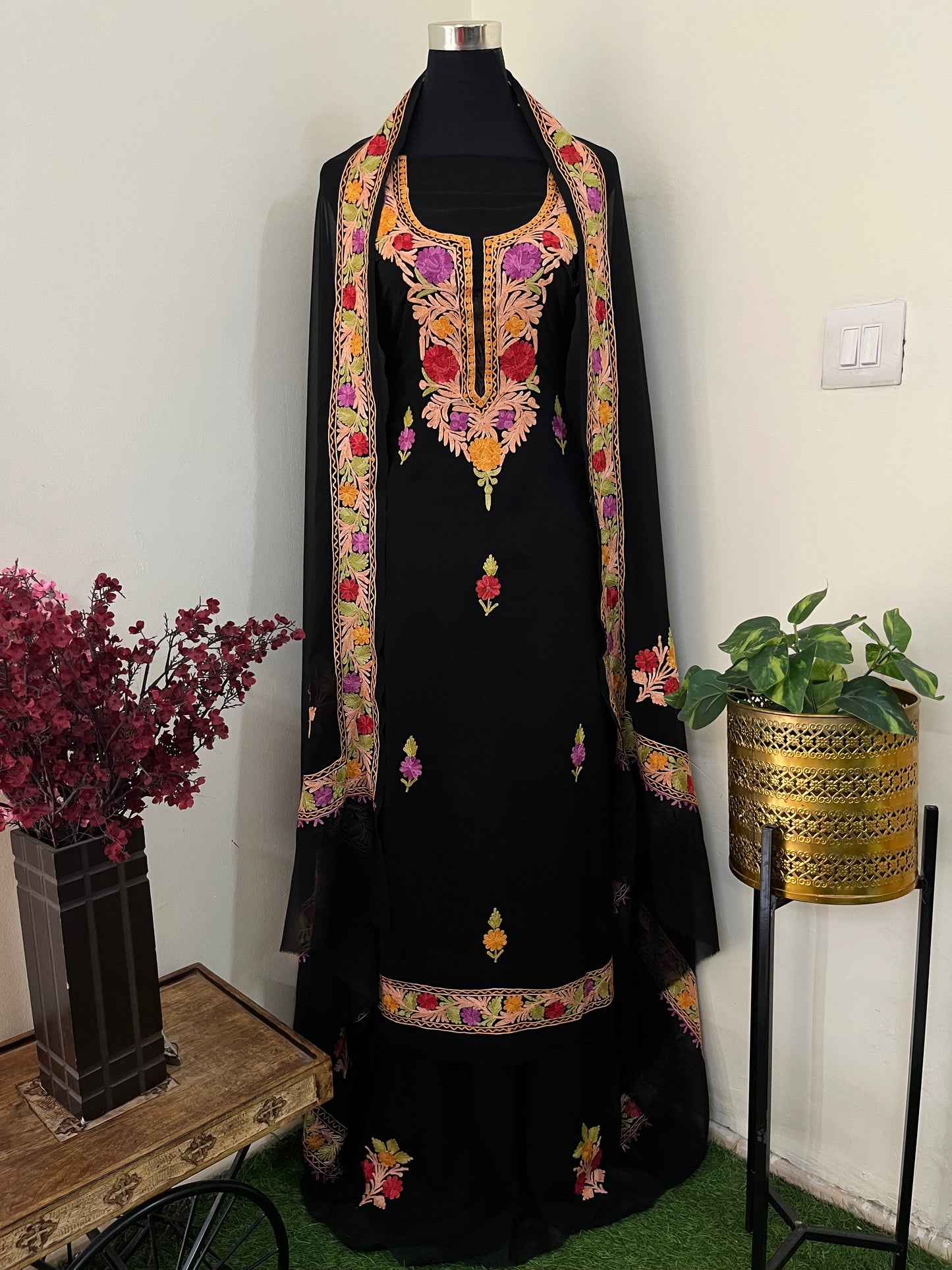 Black Georgette 3 Pc Aari Embroidered Suit Set