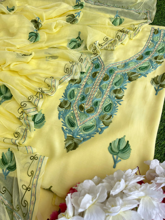 Lemon Yellow Muslin Cotton Aari Embroidered 3pc set