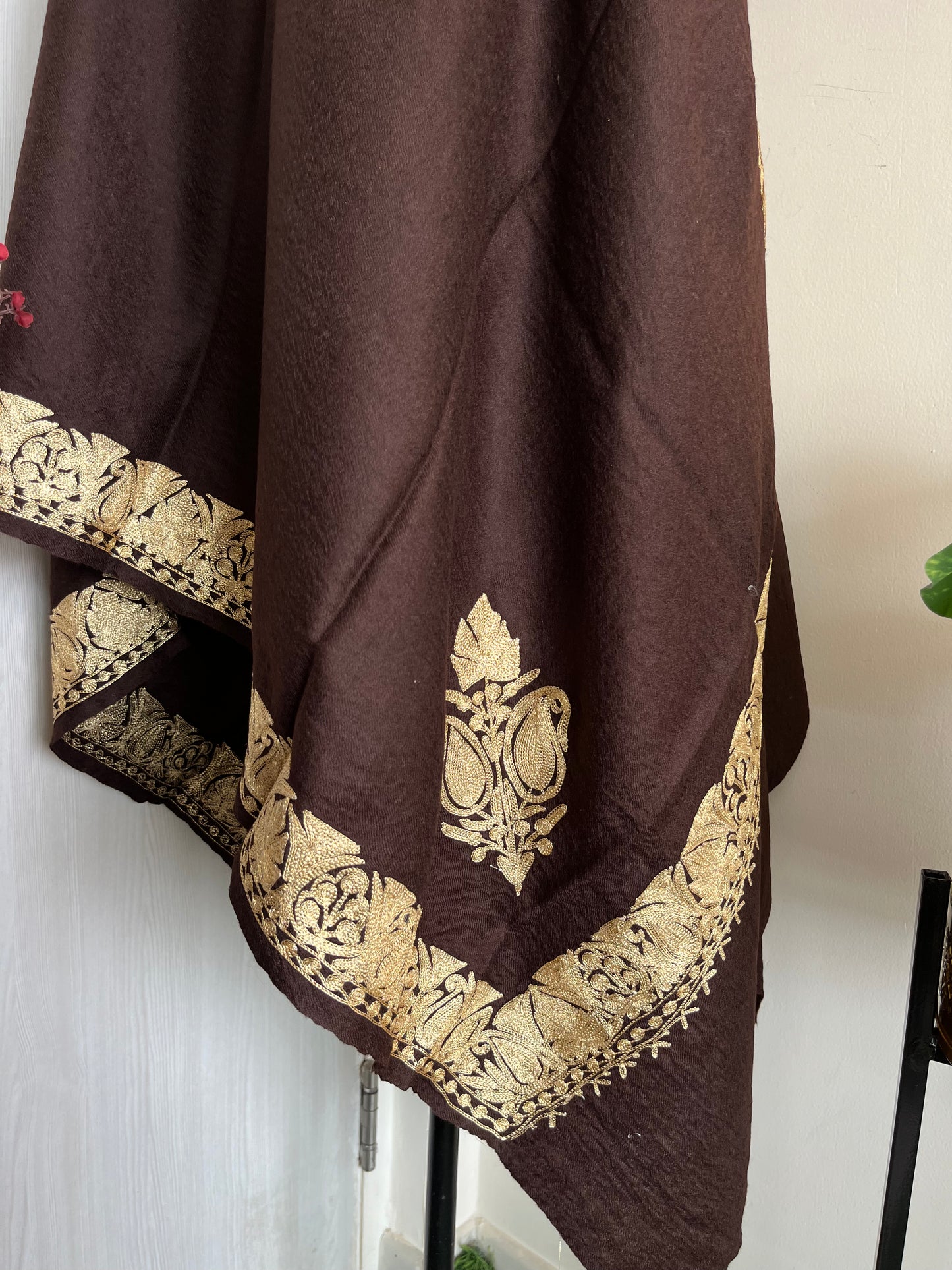 Coffee Brown Fine Semi Pashmina Tilla Embroidered stole