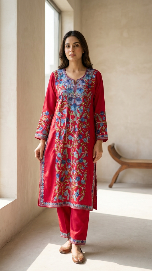 Red Cotton Front Jaal Pheran Set Size (44)