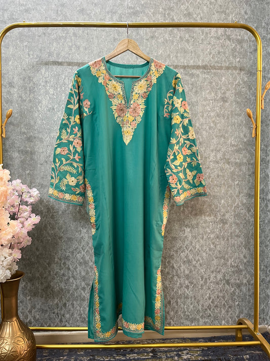Jade Green Cotton Aari Work Pheran