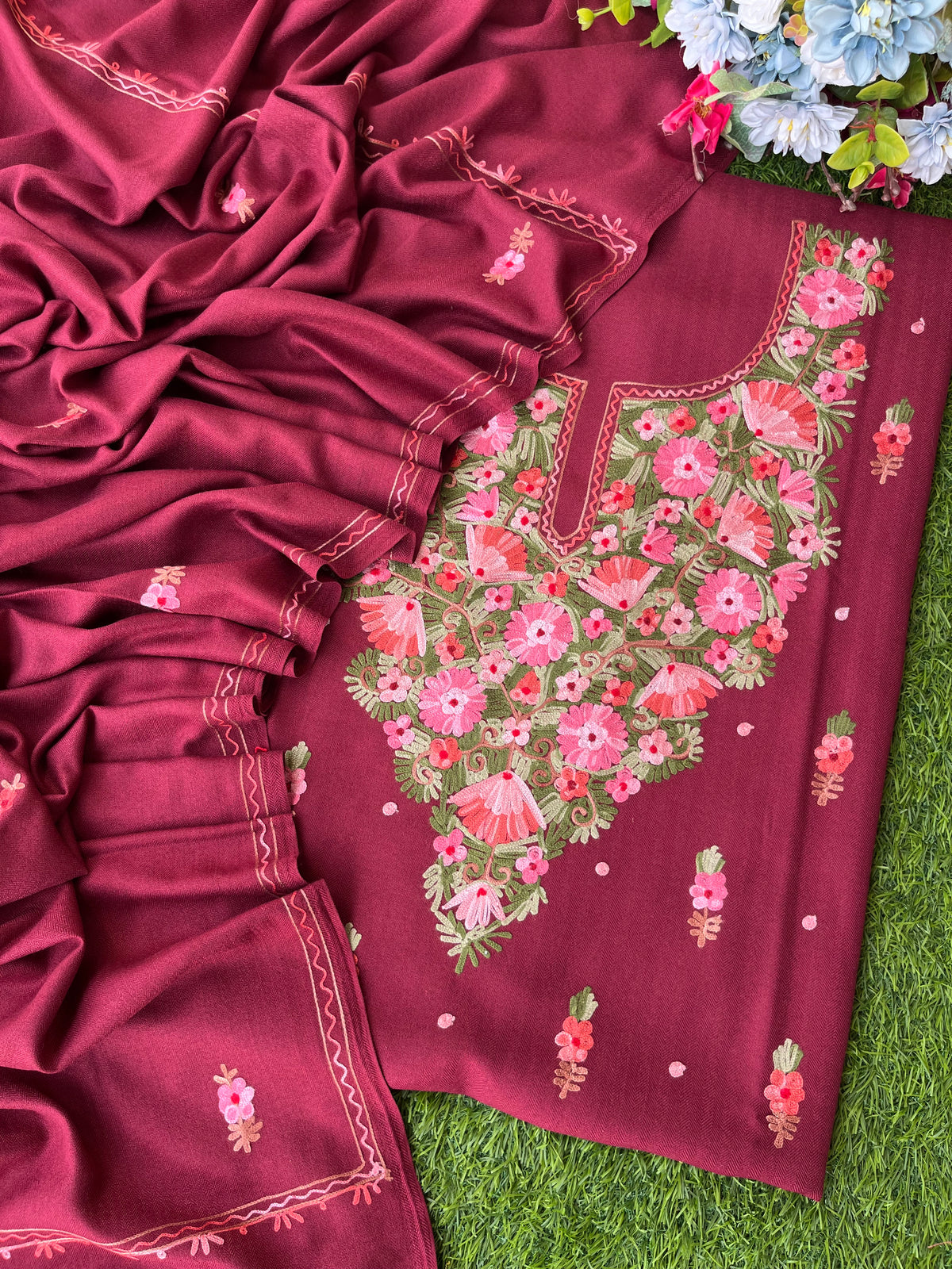 Maroon Woollen Aari Embroidered 3pc suit