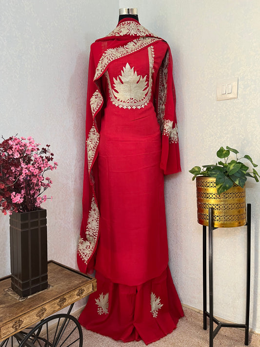 Red Sanam’ Tilla Kashmiri Silk Suit
