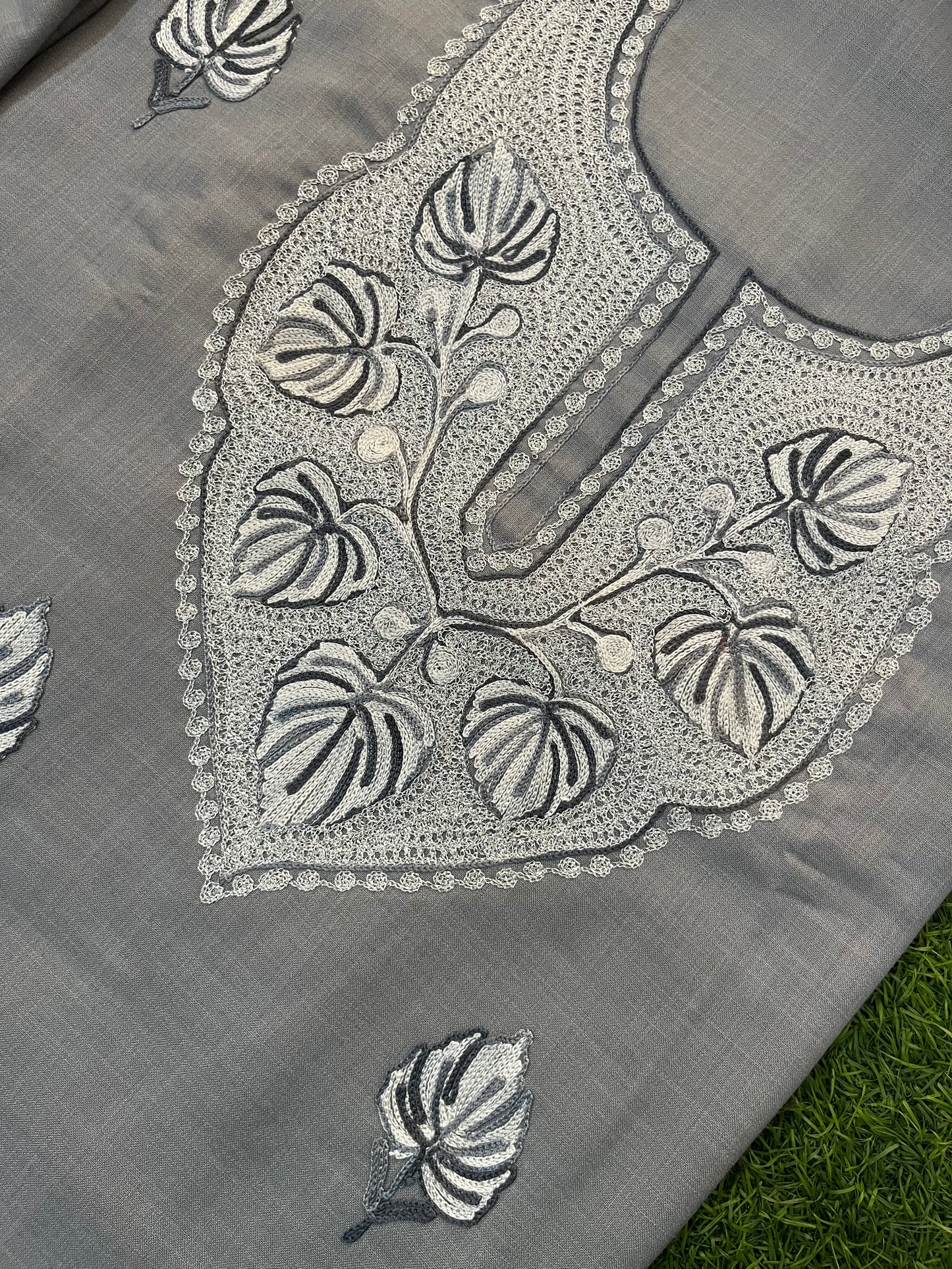 Grey Cotton Unstitched Aari Work Kurti
