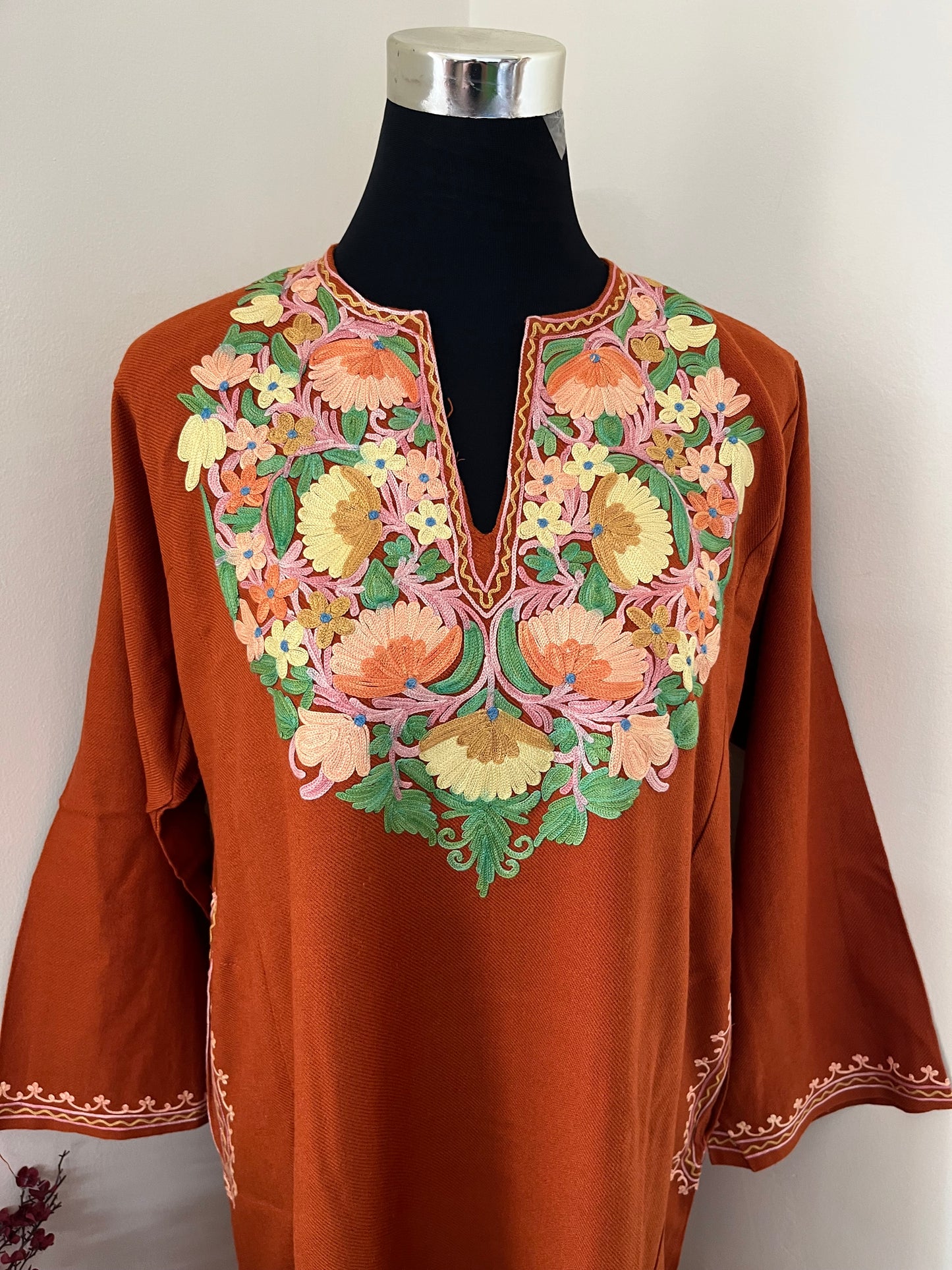 Orange Aari Embroidered Wool Pheran