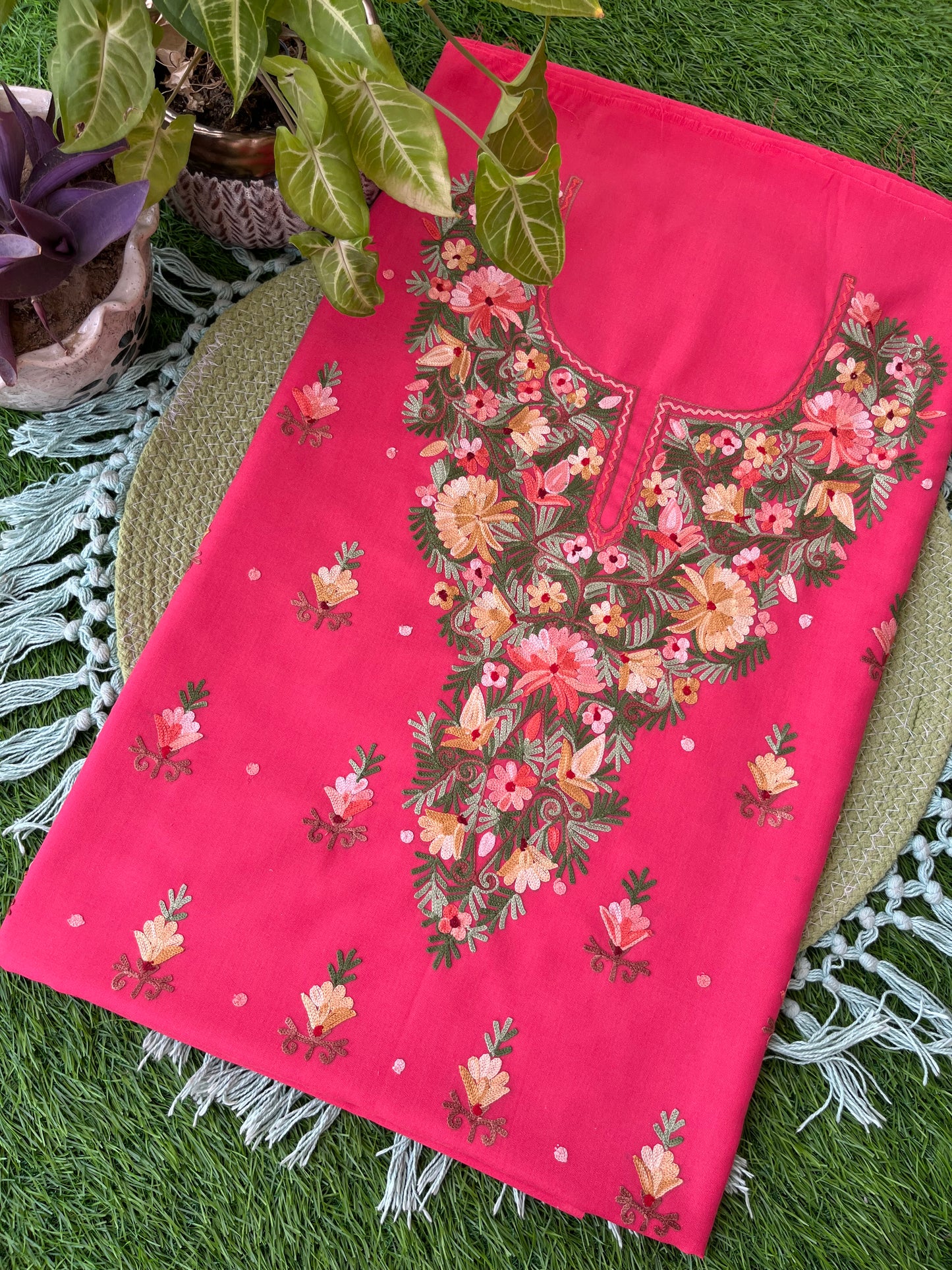 Pink Cotton Two Piece Set (Aari Embroidered)