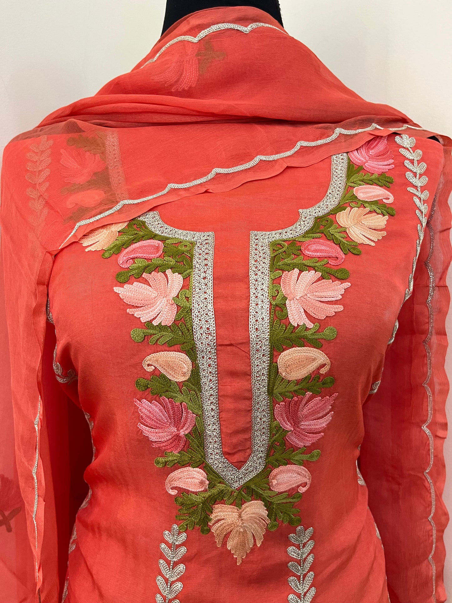 Sanam’ Orange Silk Aari Embroidered Suit material