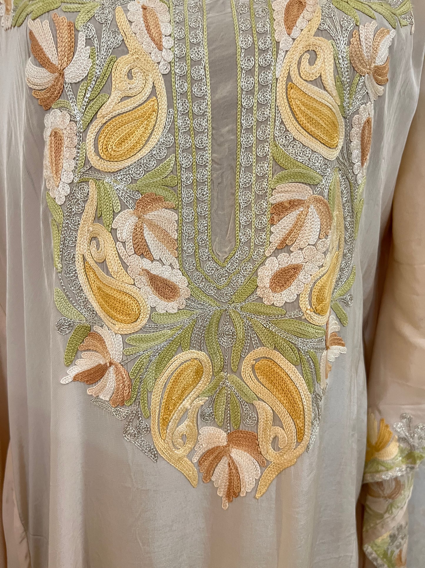 Beige Pure Crape Kashmiri Kaftan
