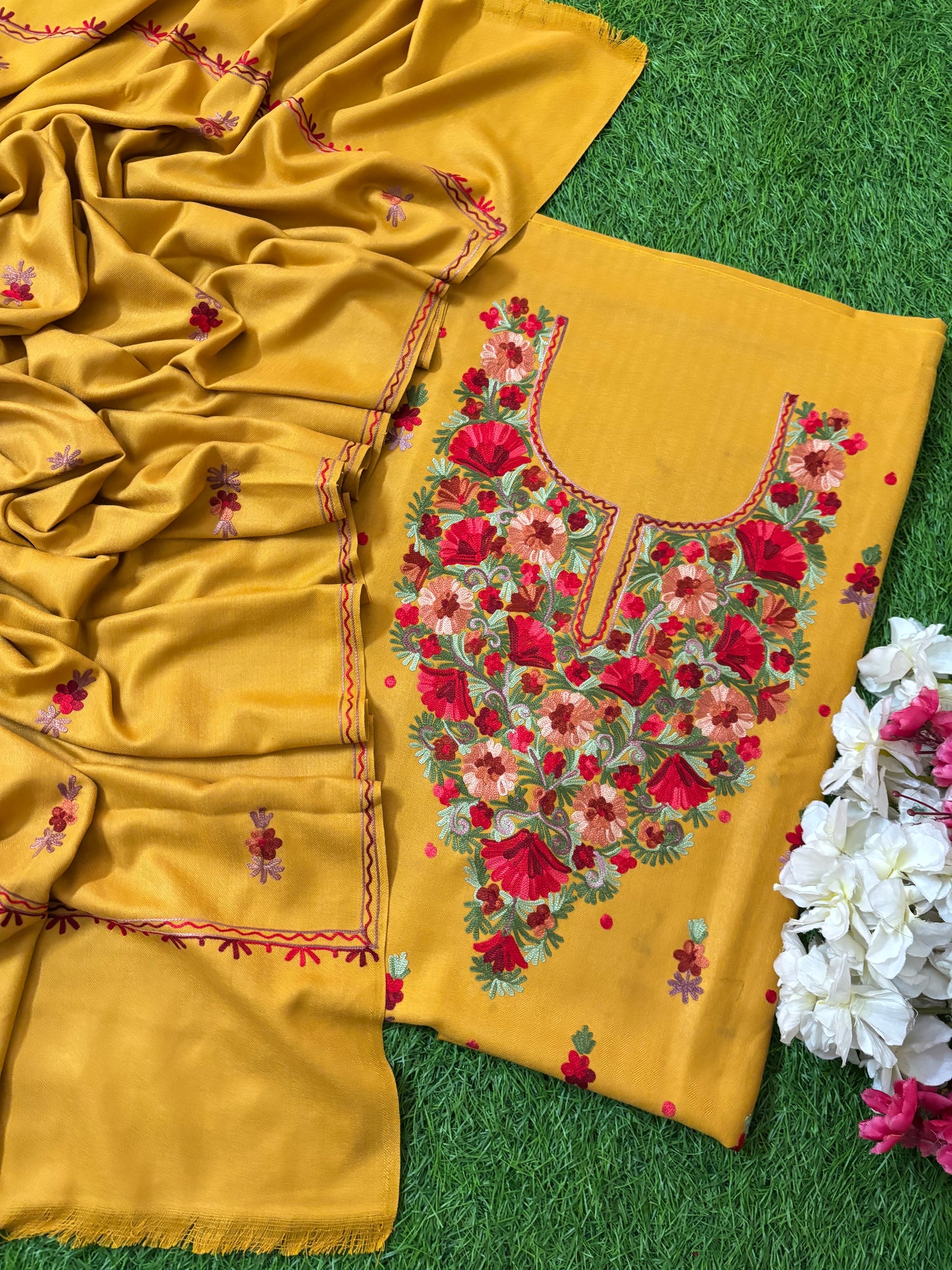 Golden Yellow Woollen Aari Embroidered 3pc suit