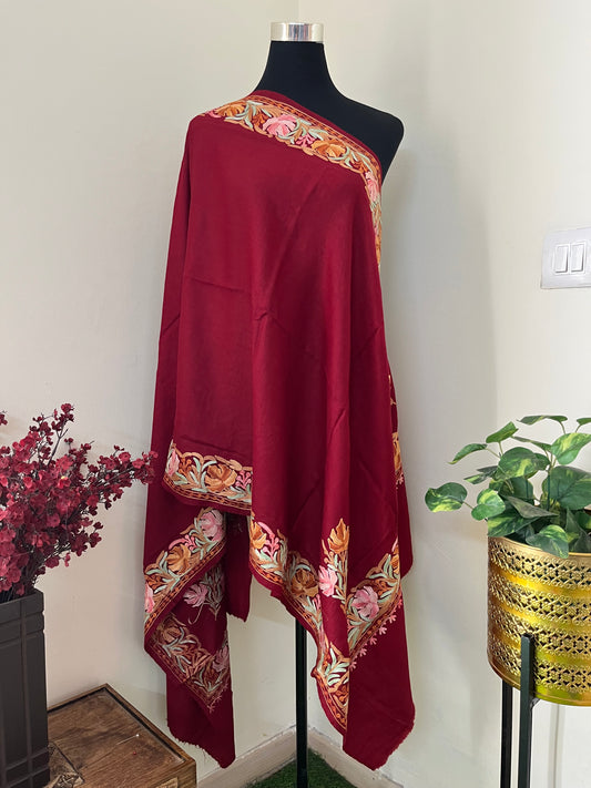 Maroon Fine Semi Pashmina Aari Embroidered stole