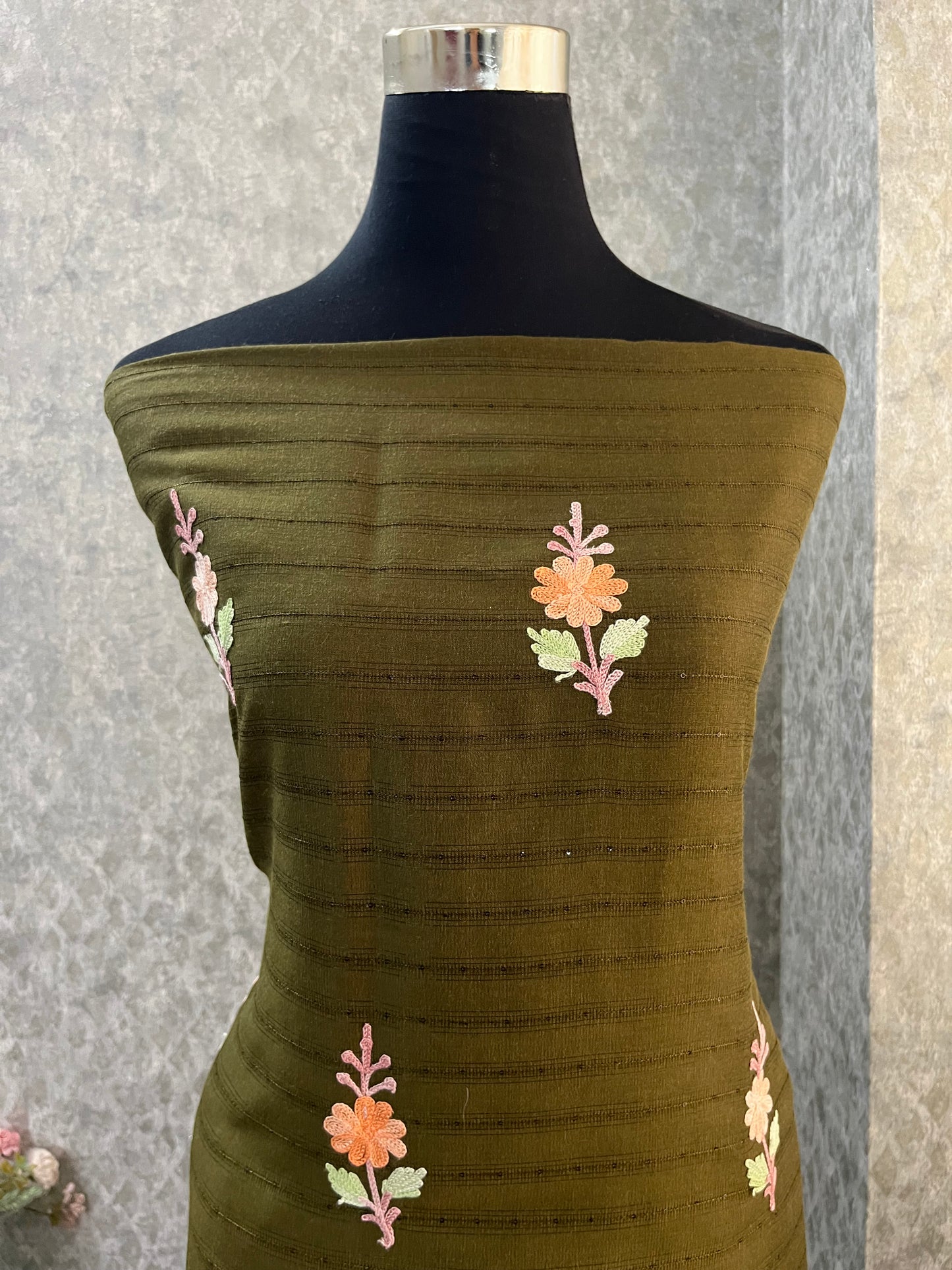 Henna Green Muslin Cotton Striped Pattern Unstitched Co-ord Set