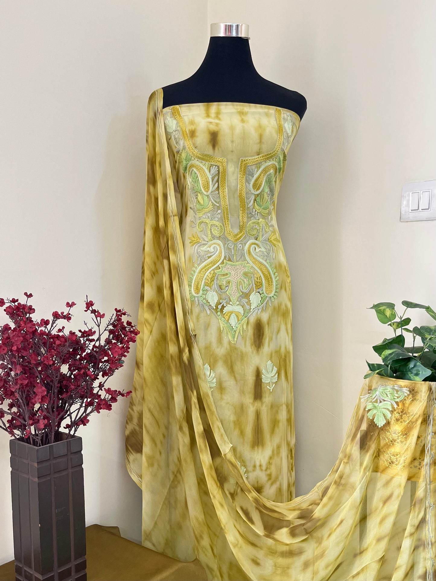 Lime Green Pure Georgette Aari Embroidered Suit