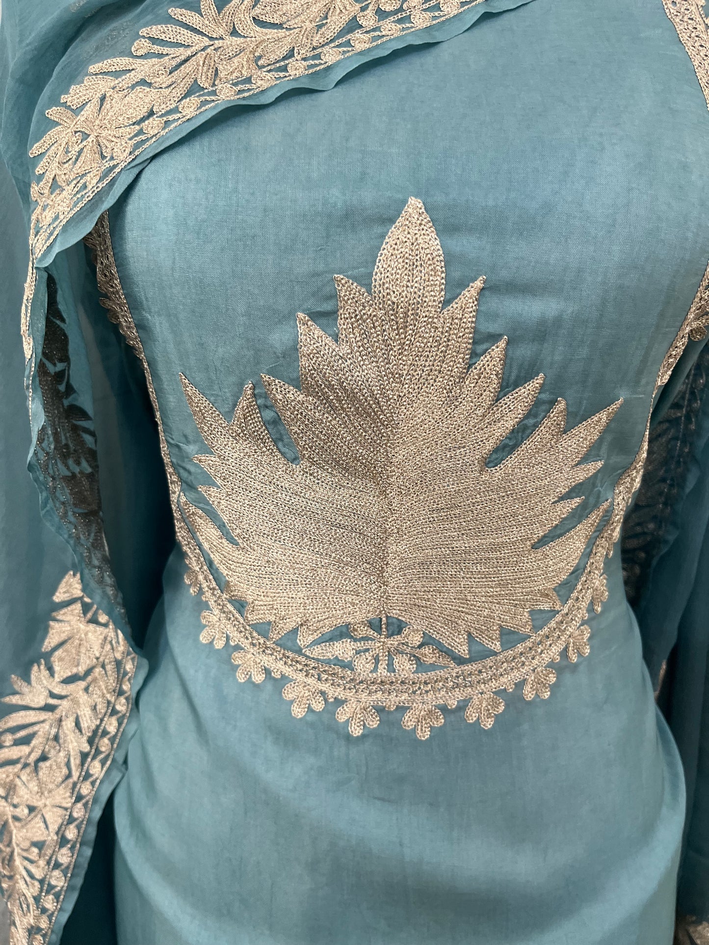 Powder Blue Sanam’ Tilla Kashmiri Silk Suit