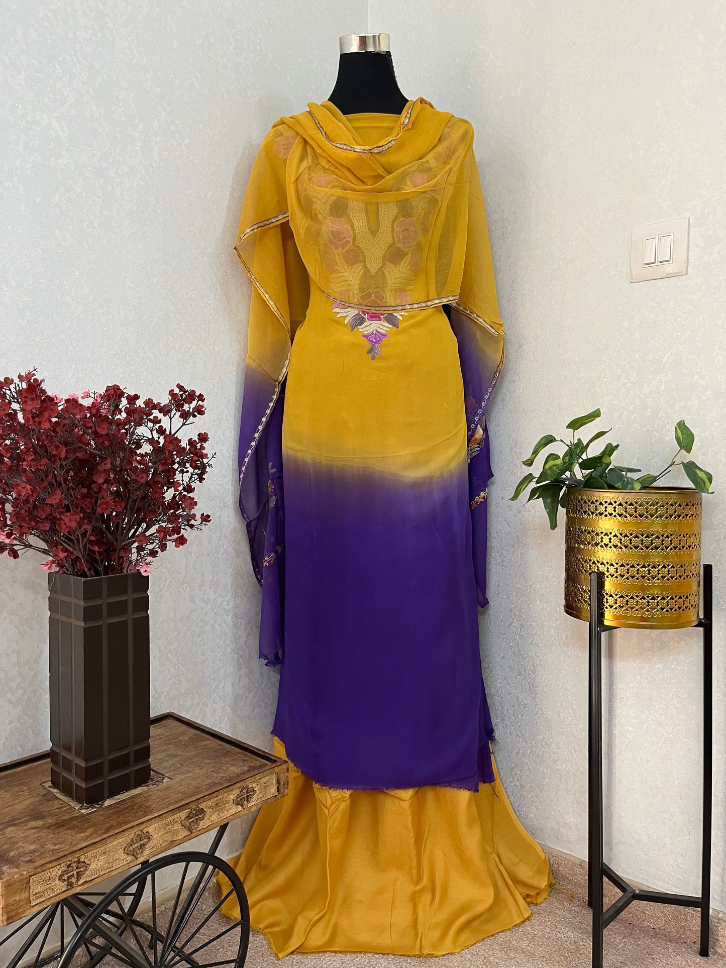Yellow Pure Georgette Double Shade Kashmiri Suit