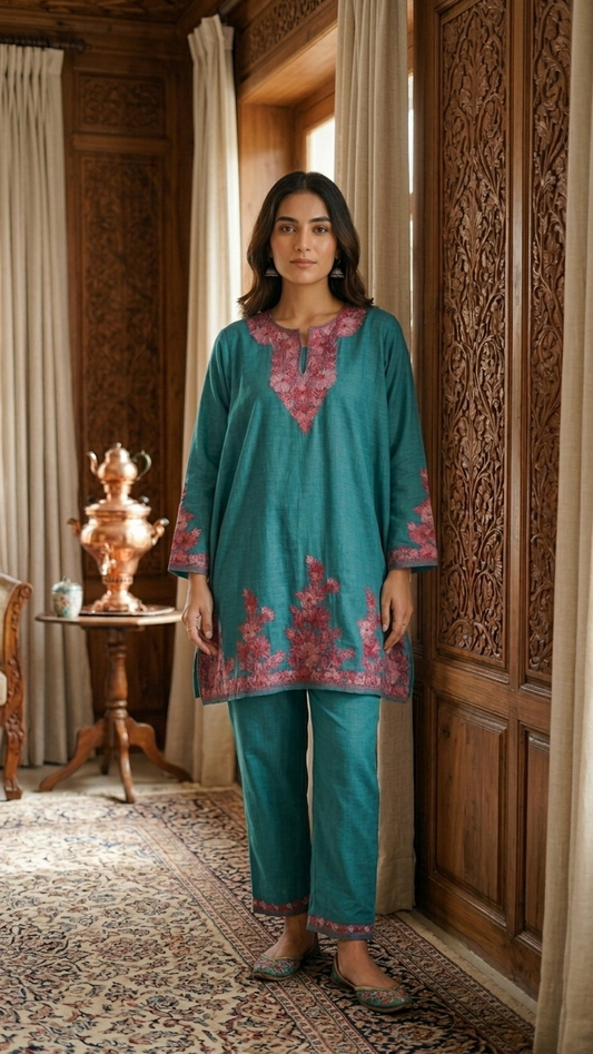 Teal Green Cotton Stitched Co-ord Set (40)