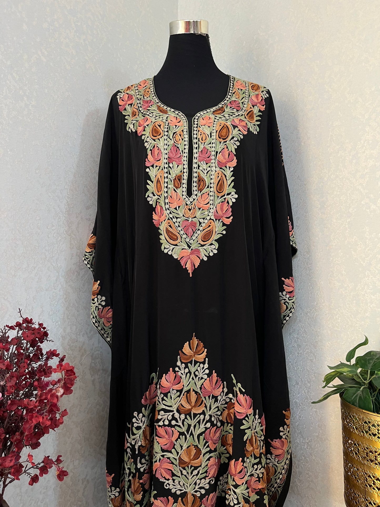 Black Pure Crape Kashmiri Kaftan