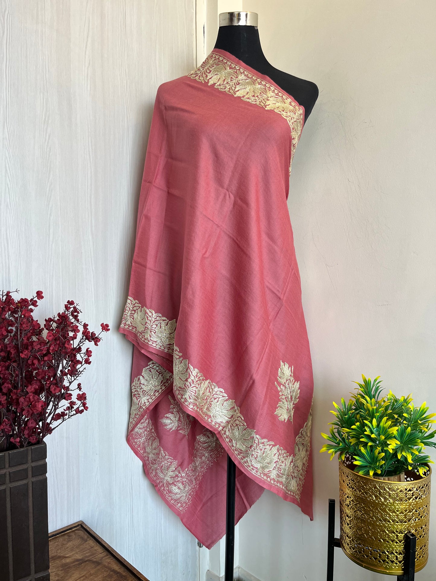 Onion Pink Fine Semi Pashmina Tilla Embroidered stole