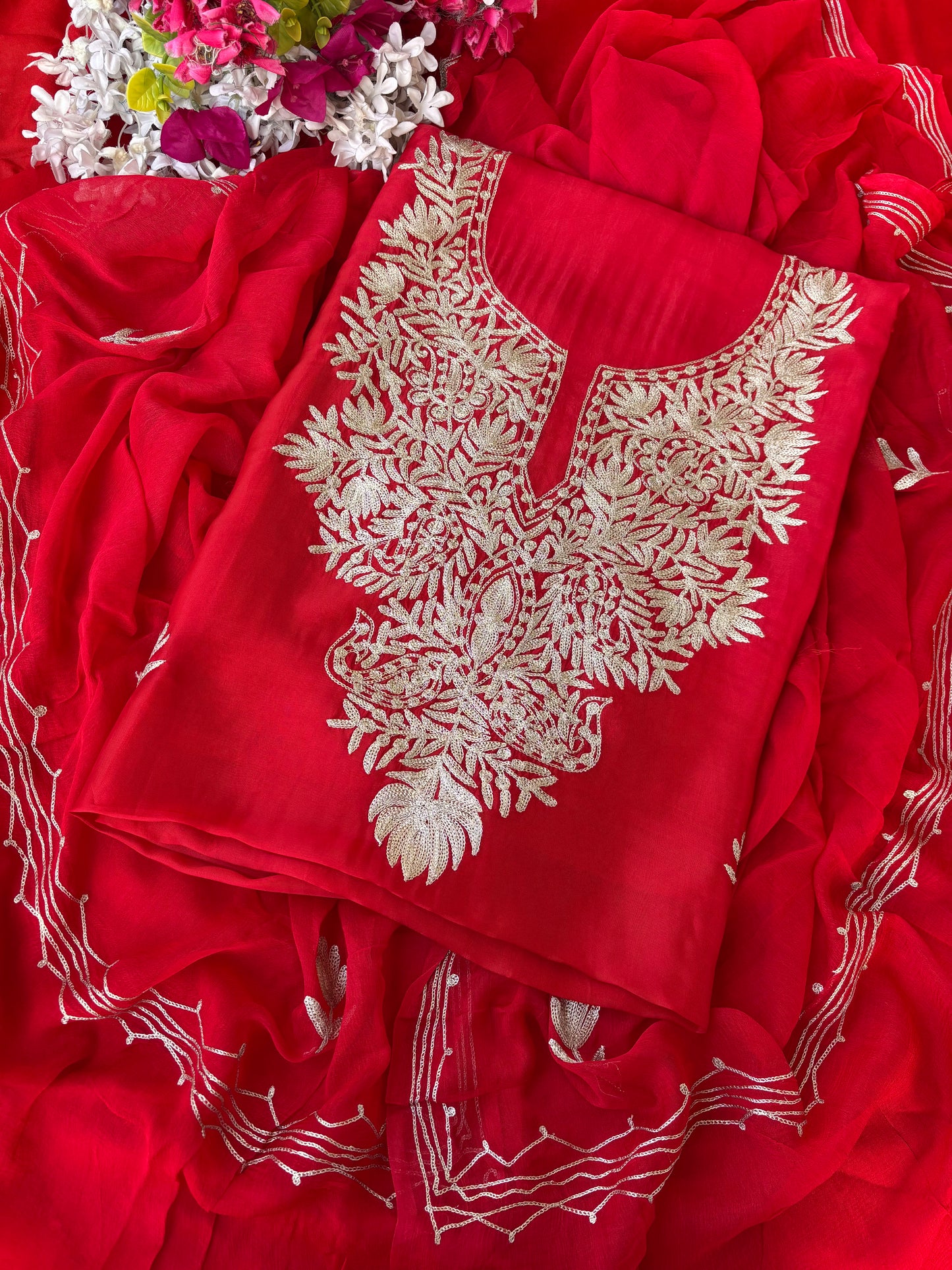 Red Silk Tilla Kashmiri Suit