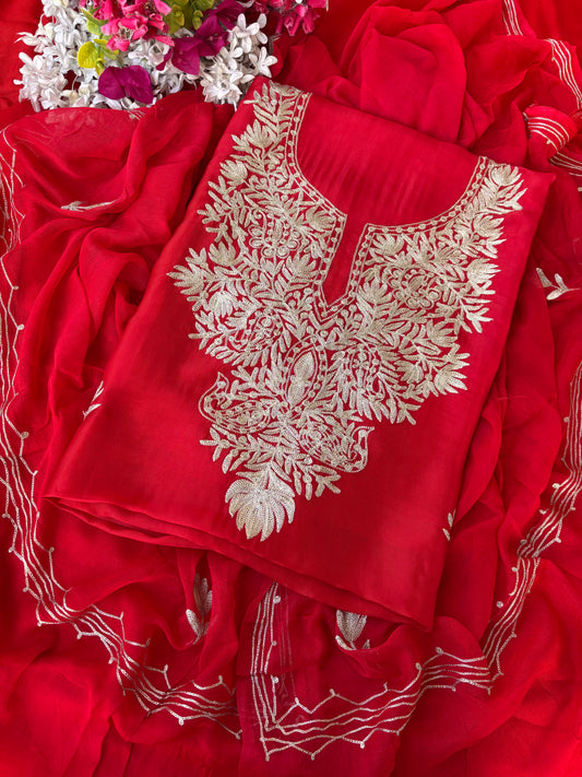 Red Silk Tilla Kashmiri Suit