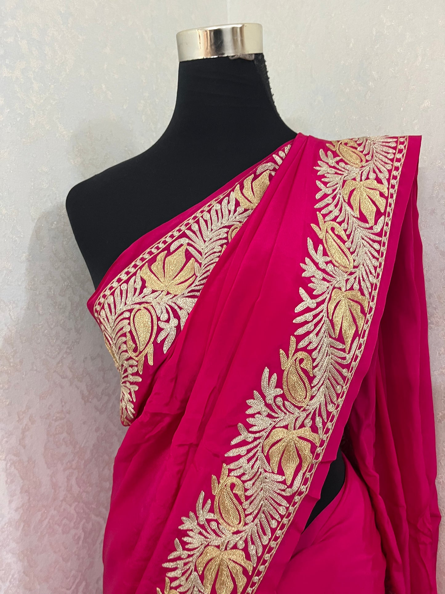 Hot Pink Crape Kashmiri Tilla Saree