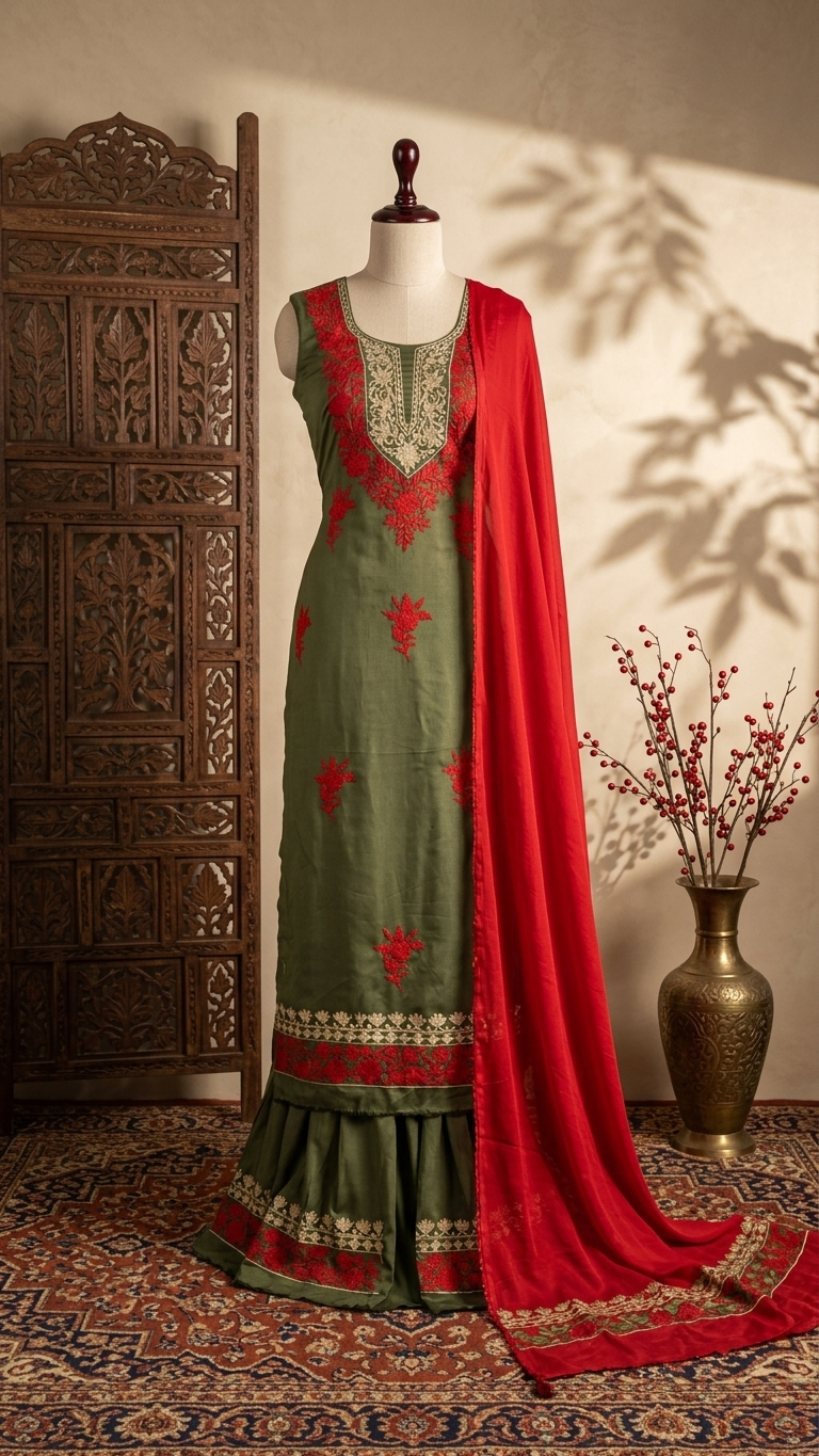 Heena green Satin Cotton Kashmiri Suit