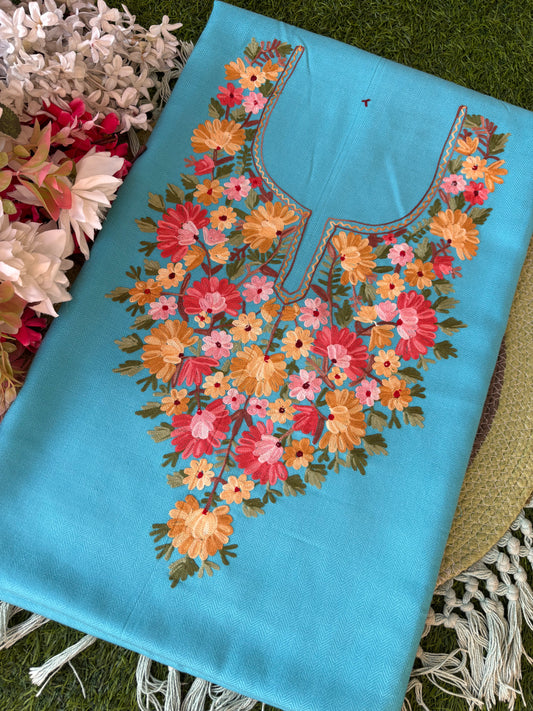 Sky Blue Woollen Aari Embroidered 2pc suit 5mtr