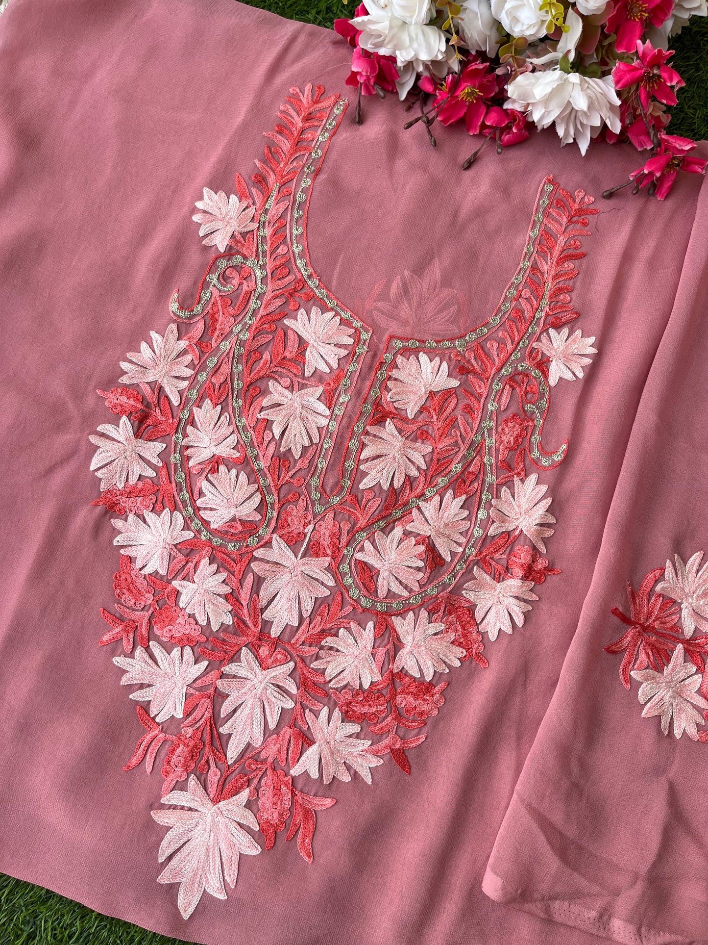 Onion Pink Georgette Kashmiri Kurta Material