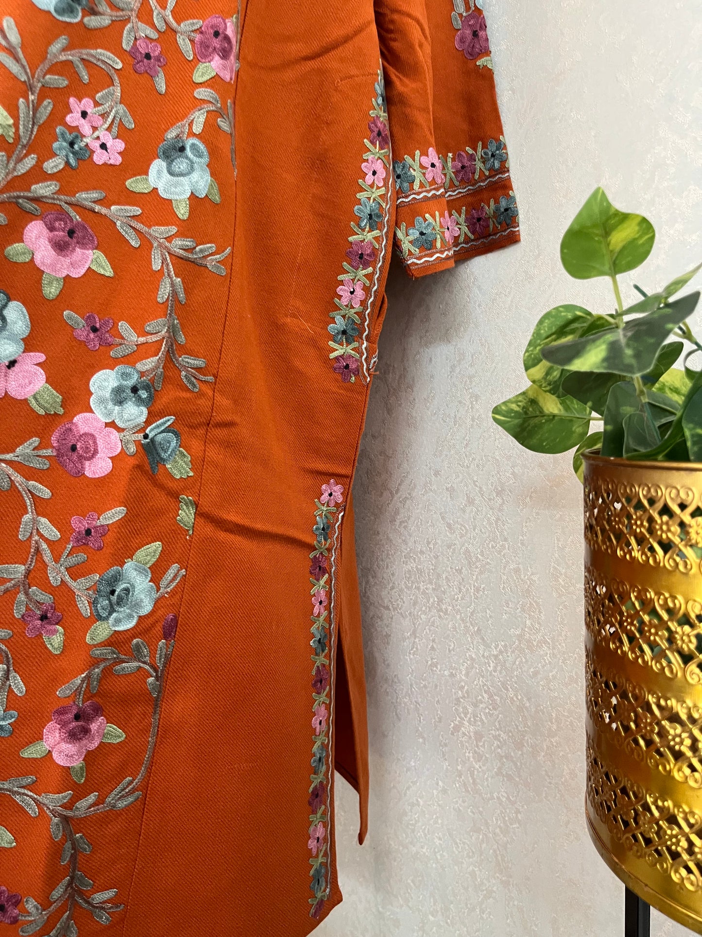 Orange Aari Embroidered Wool Pheran