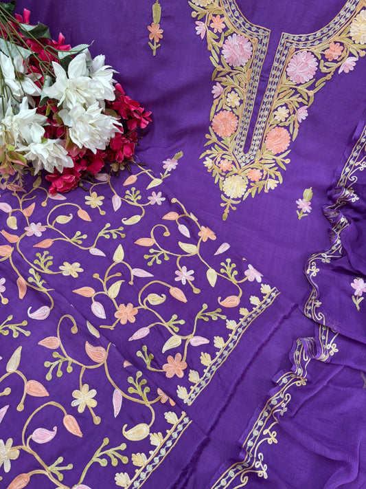 Lilac Muslin Cotton Jaal Sleeves Kashmiri 3pc Suit
