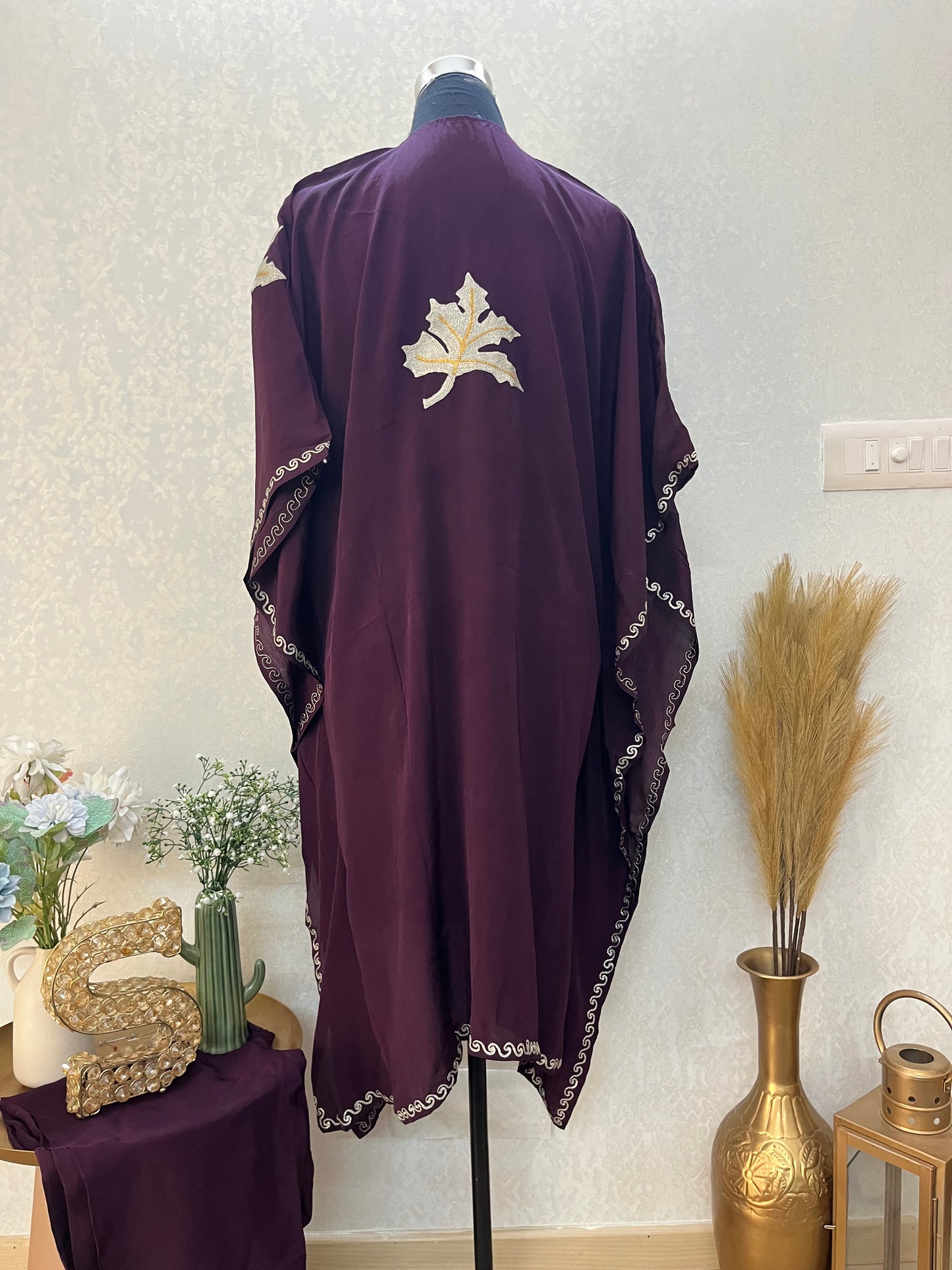 Wine Crape Kashmiri Kaftan Set