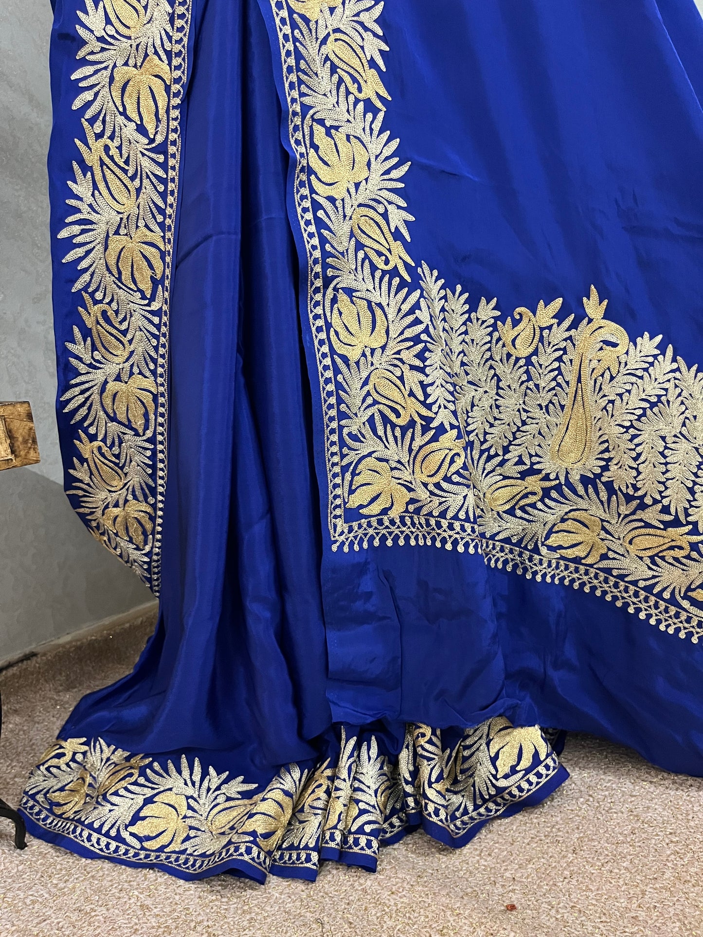 Royal Blue Pure Vetson Crape Kashmiri Saree