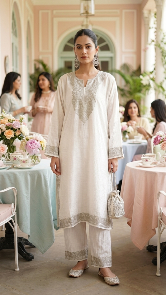 Off White Cotton Kashmiri Pheran Set (48)