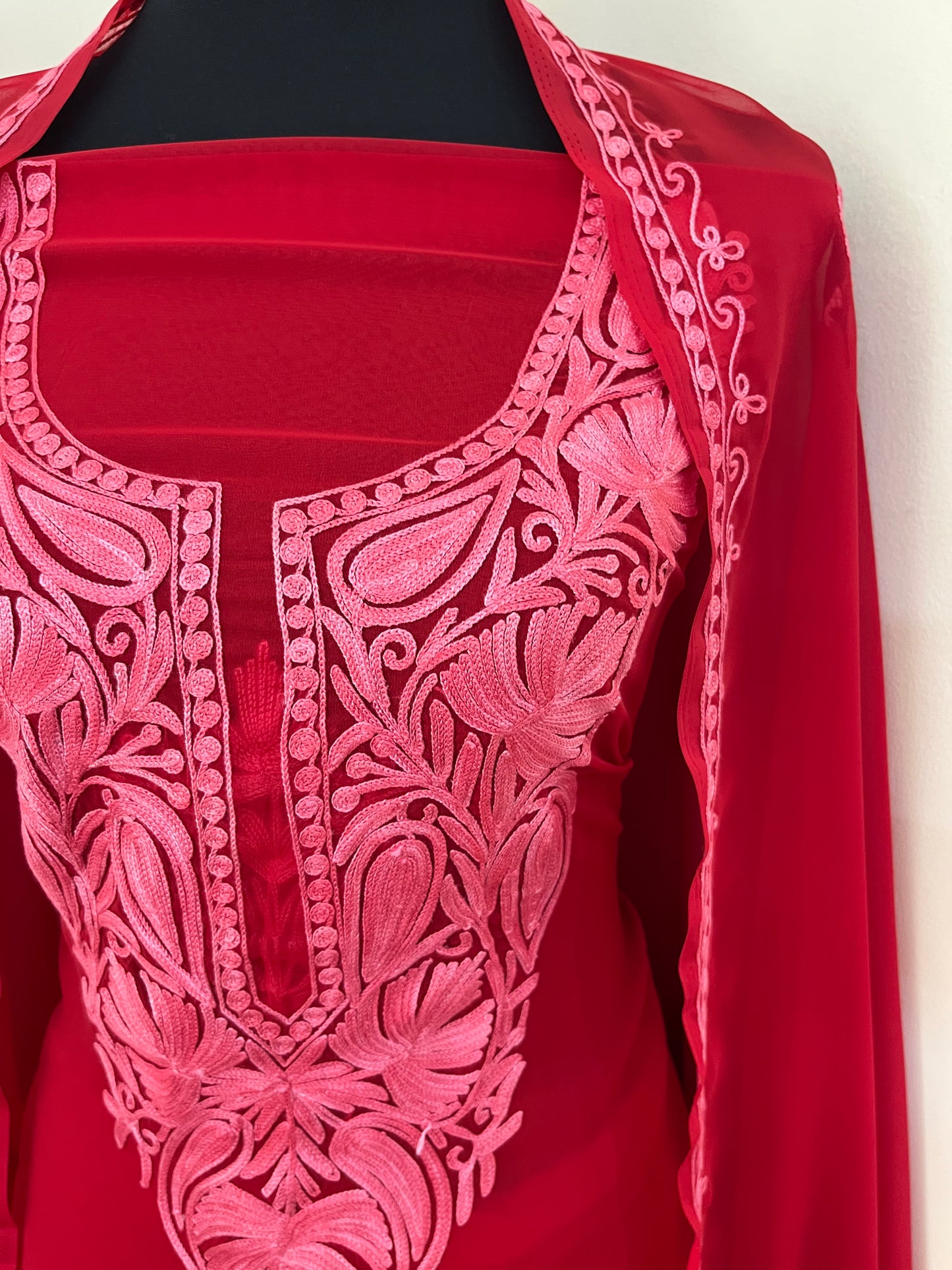 Red Georgette  3 Pc Aari Embroidered Suit Set