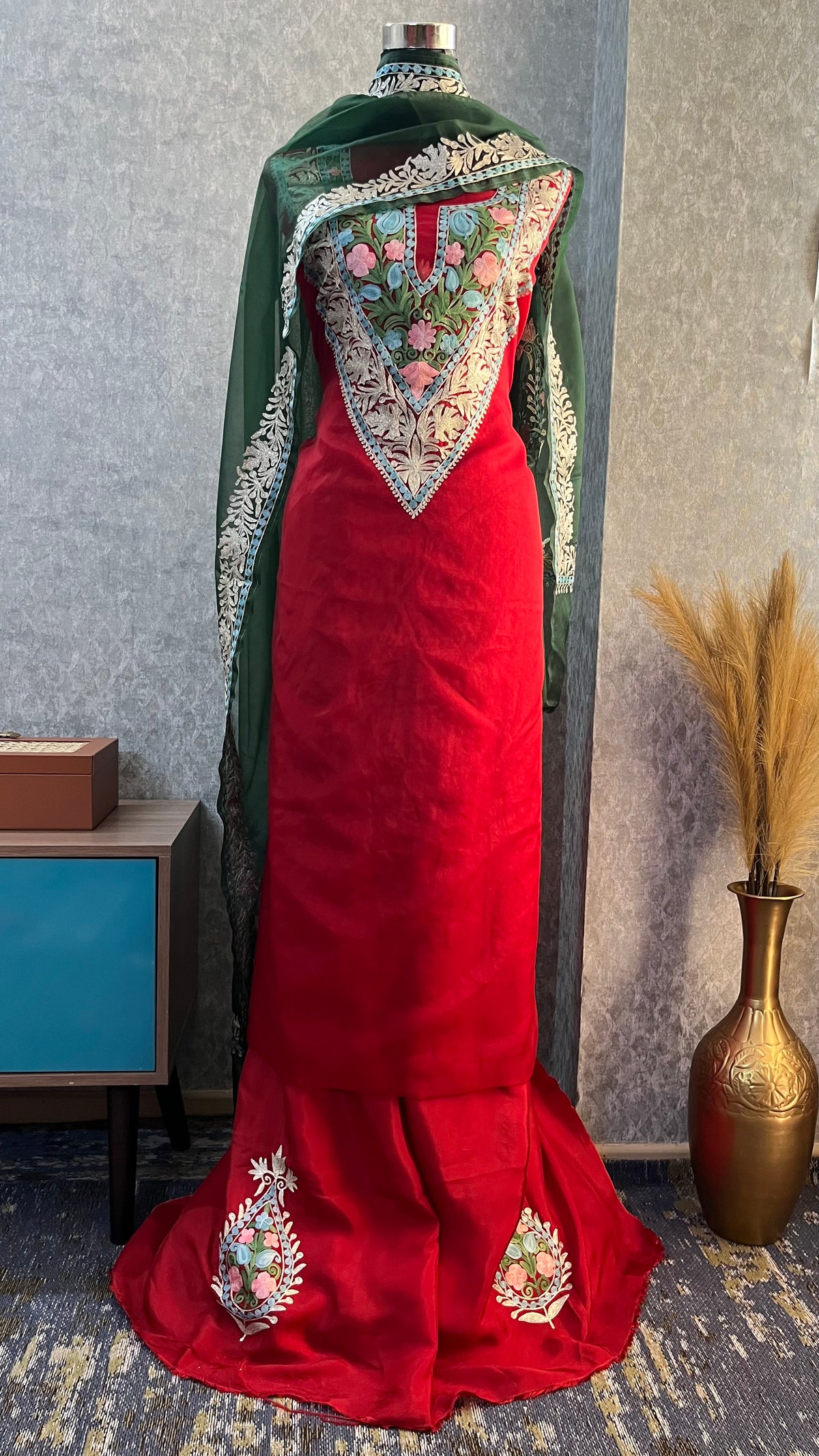 Red Soft Tissue Kashmiri Suit