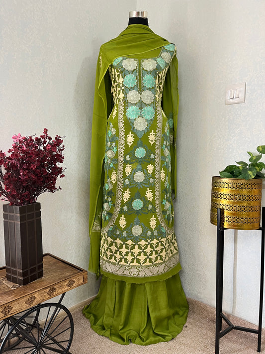 Henna Green Pure Georgette 3 Pc Heavy Kashmiri Suit