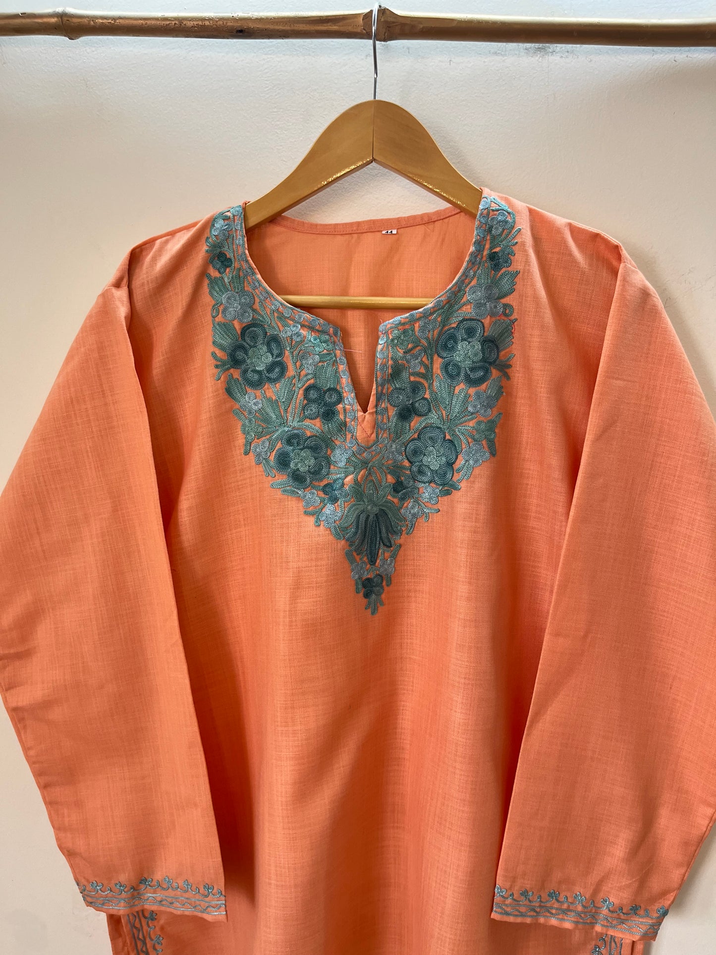 Soft Orange Cotton Aari Work Kurta