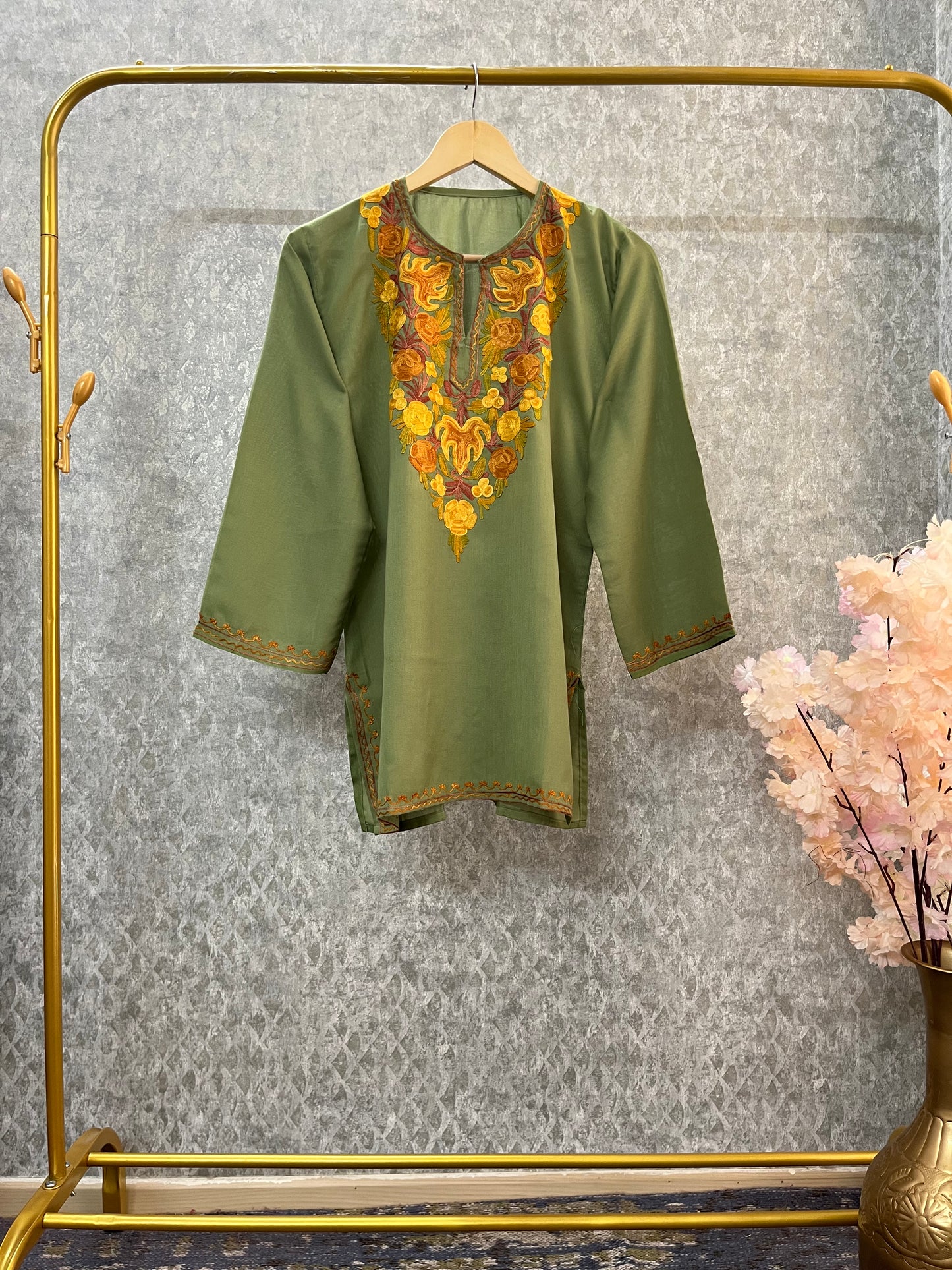 Pastel Green Cotton Aari Work Kurta