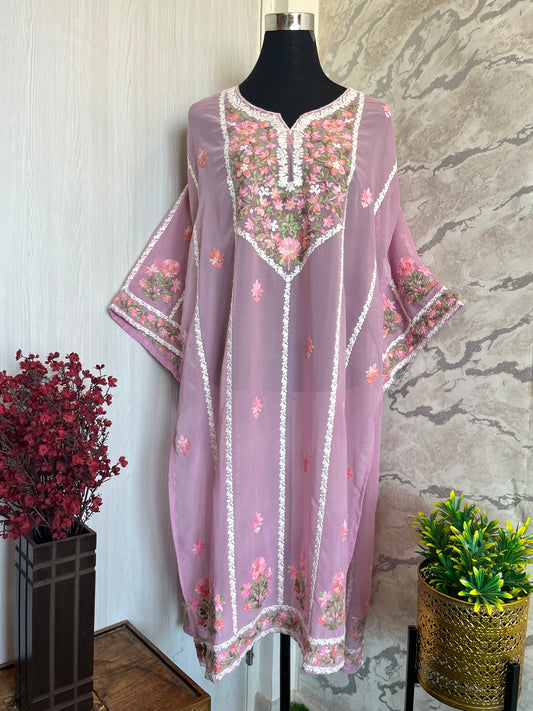 Pastel Pink Georgette All over Work Aari Embroidered Unstitched Kurta Material