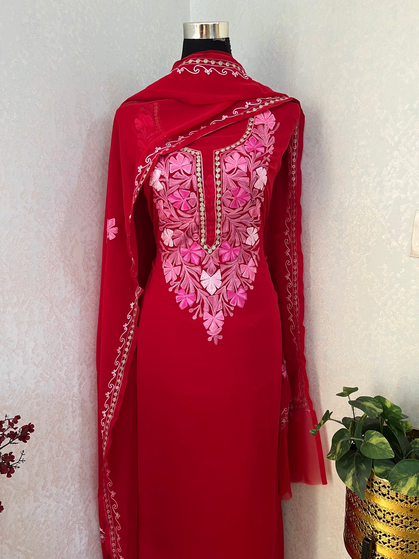 Red Georgette 3 Pc Aari Embroidered Suit Set
