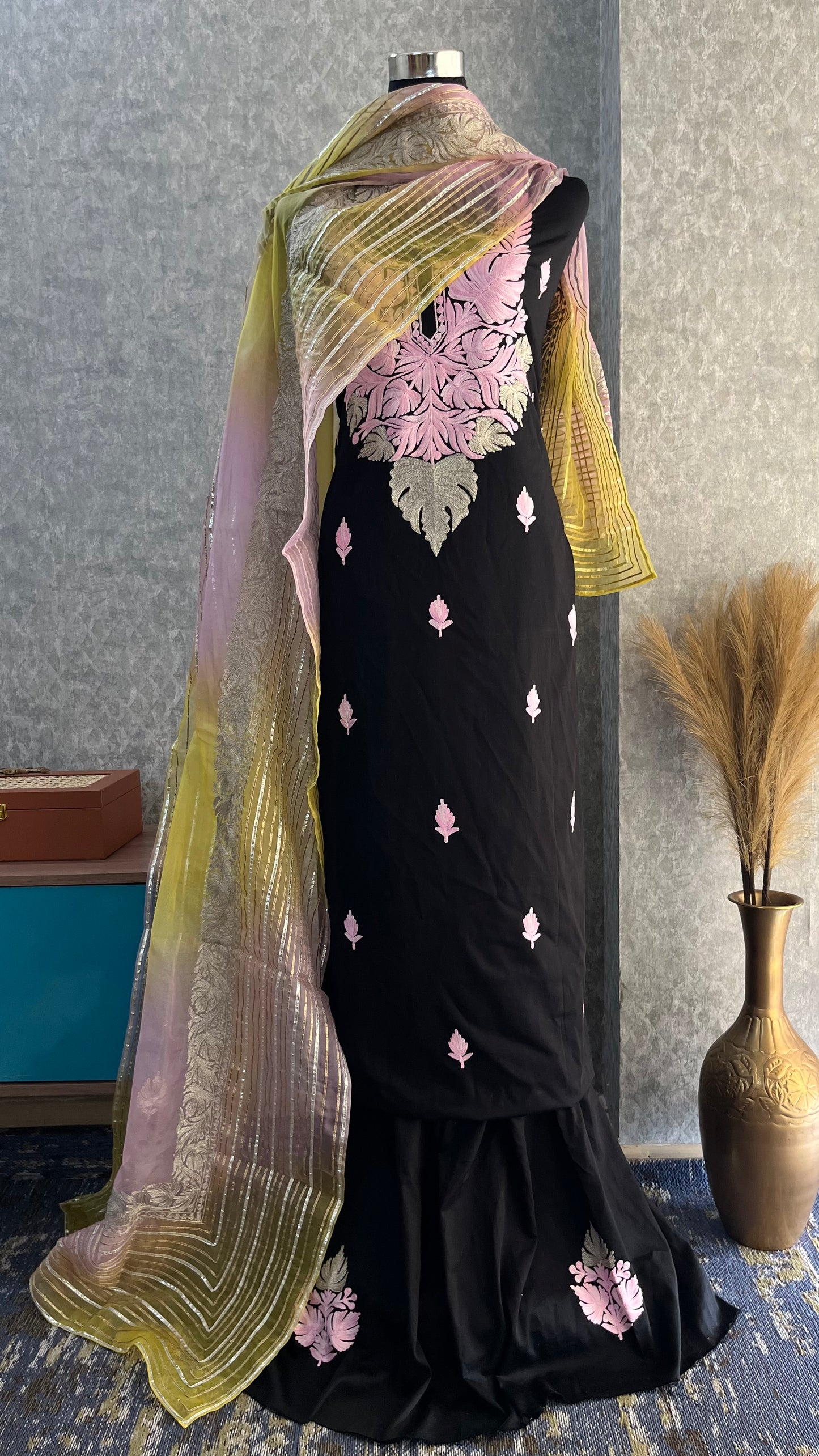 Black Satin Cotton Kashmiri Suit