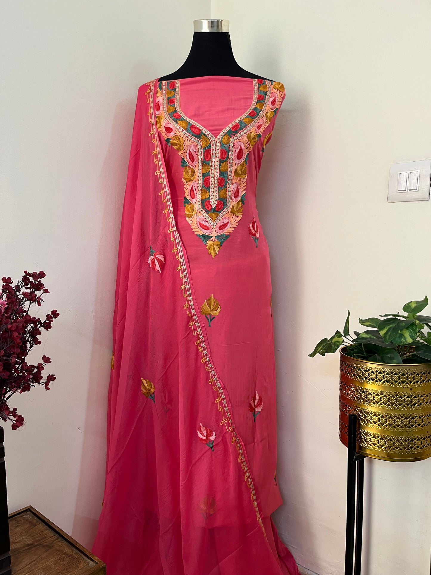 Candy Pink Muslin Cotton Aari Embroidered 3pc set