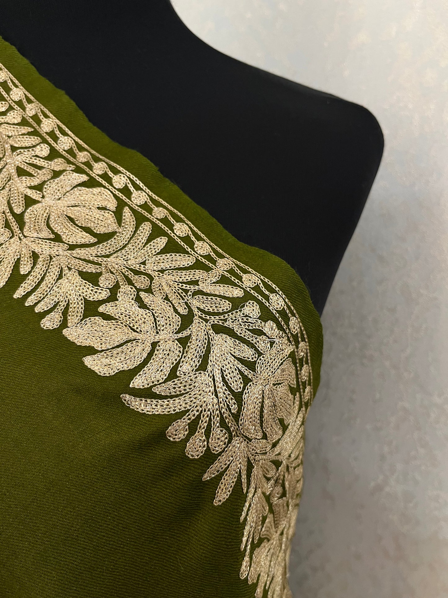Army Green Semi Pashmina Tilla Embroidered stole