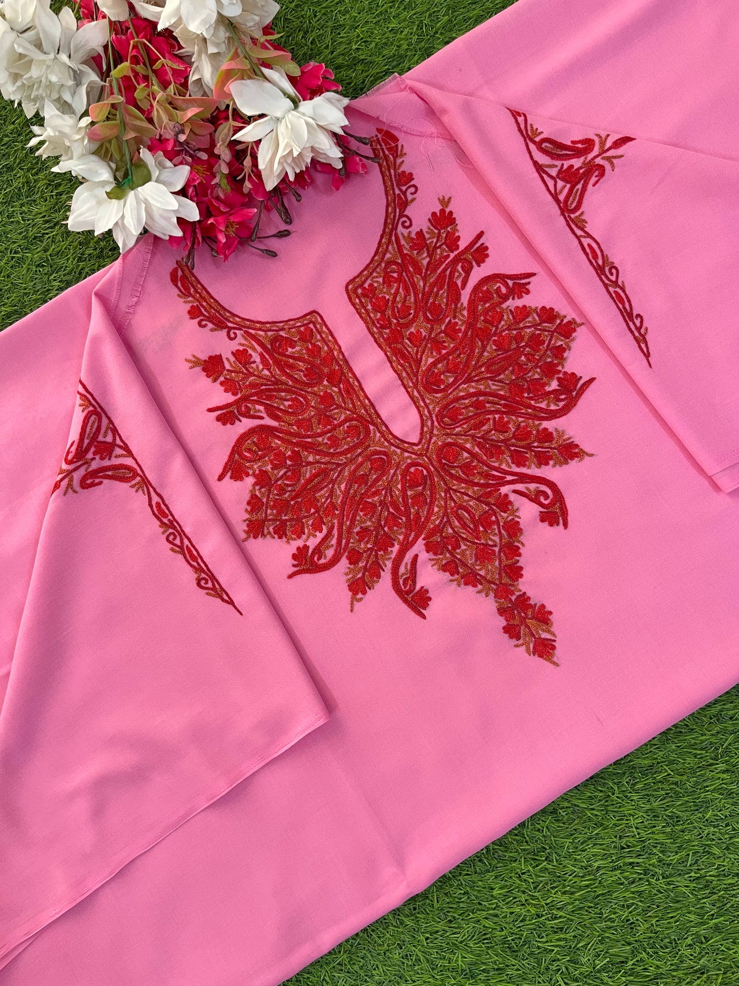 Pink Cotton Two Piece Suit (Hand Embroidered)